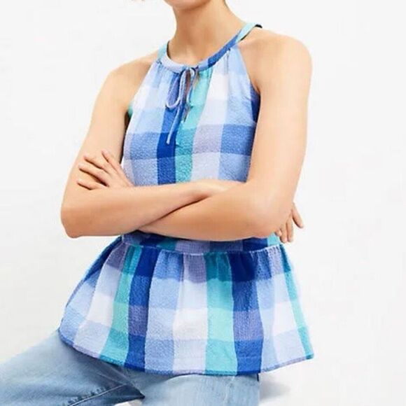 LOFT Blue Plaid Keyhole Peplum Lightweight Halter Top NWT Size Extra Large - Picture 1 of 7